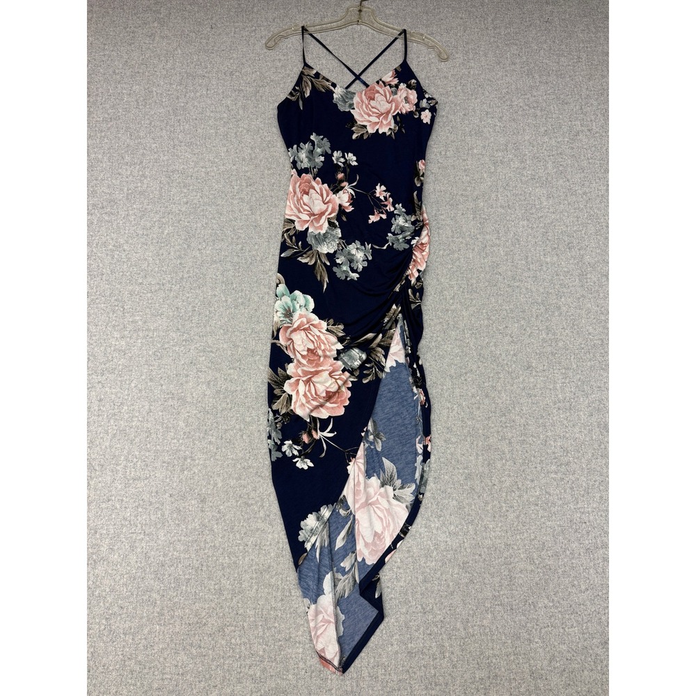 Glare Floral Maxi Dress Large Navy Blue Pink Asymmetrical Tulip Hem Ruched Side